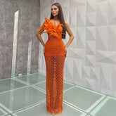 Strapless Sleeveless Feather Maxi Bodycon Dress